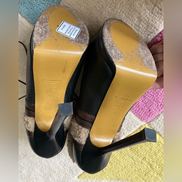 Yves Saint Laurent YSL Black Brown Shearling Trim Tribute Heel Bootie Ankle 36 - Picture 9 of 9